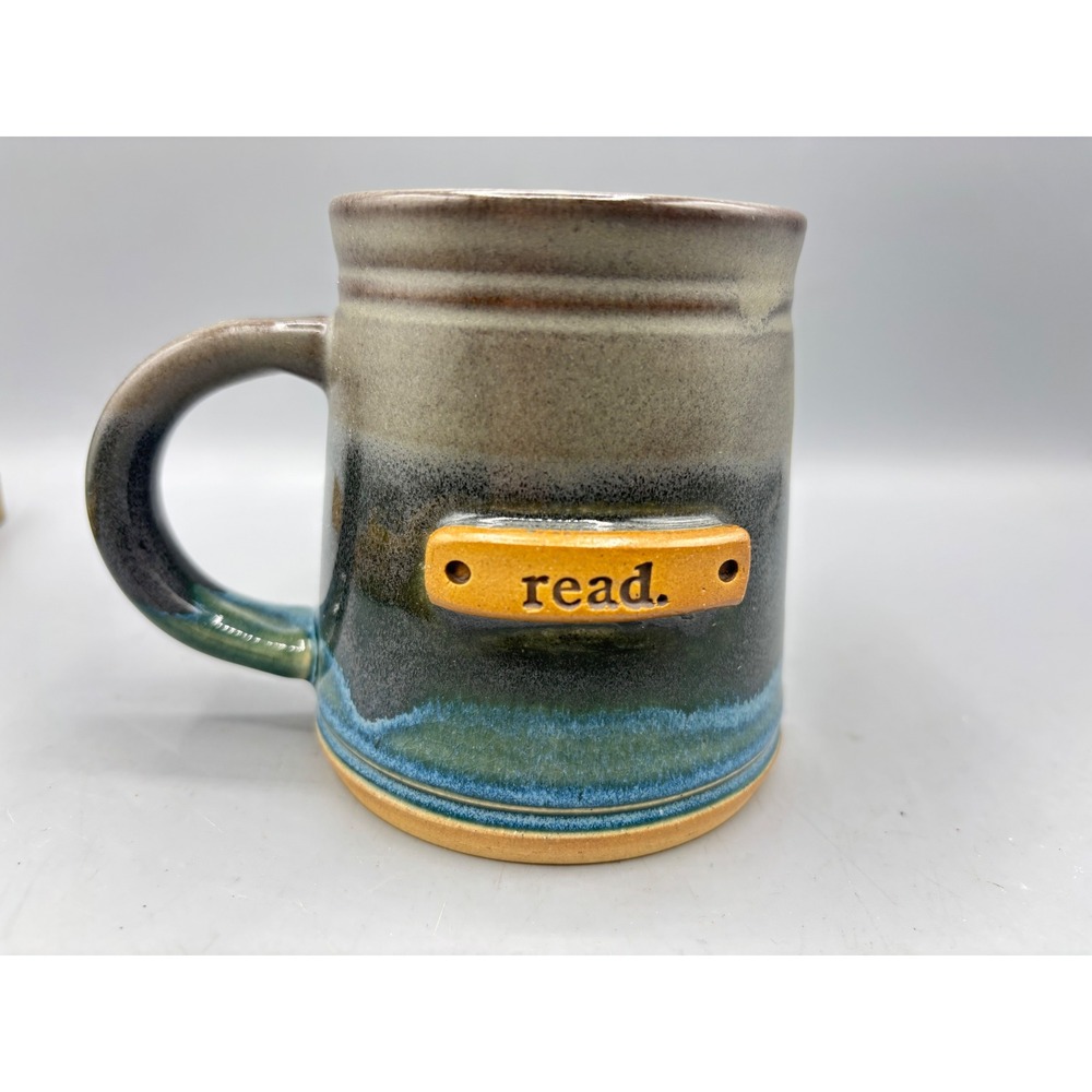 MudLOVE Read Pottery Mug Handcrafted Stoneware Blue Grey Tan Book Lover Gift